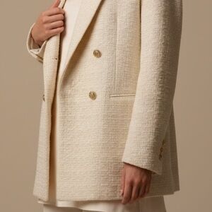 H&M Ivory Bouclé Tweed Blazer Gold Buttons Double Breasted Oversized M NWT